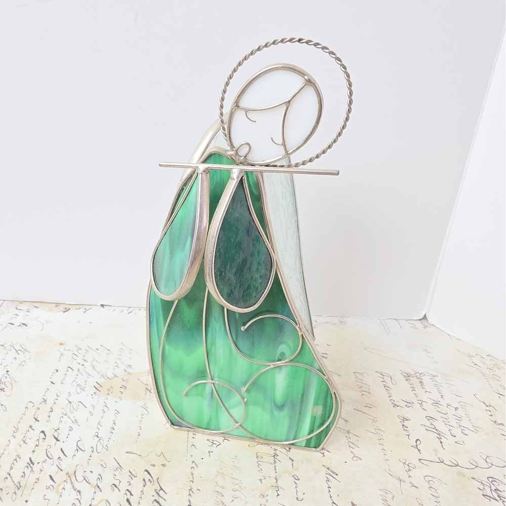 Green Stained Glass Angel Playing Flute Votive Candle Holder Holiday Decor